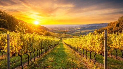 Fototapeta premium Breathtaking Sunset Over Lush Vineyard Rows in Autumn, Capturing Golden Light and Rolling Hills in a Picturesque Landscape of Nature's Beauty