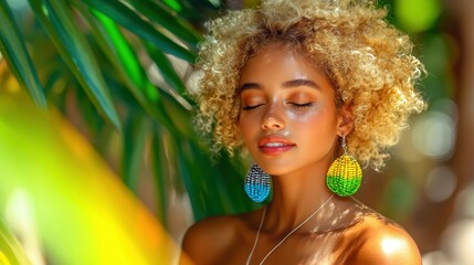 A woman with blonde hair and colorful earrings is sitting in the shade. She has a peaceful expression on her face