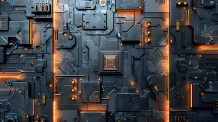 Futuristic Circuit Board with Glowing Orange Elements Illustration - Perfect for Technology Projects and Sci-Fi Design Concepts