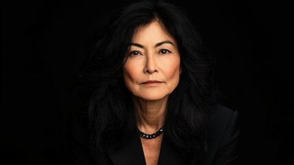 Naklejka premium A woman with long black hair and a black dress is standing in front of a black background. She has a serious expression on her face