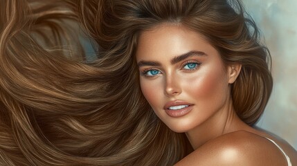 Obraz premium A woman with long brown hair and blue eyes is smiling. She is wearing a white shirt and has a tan complexion