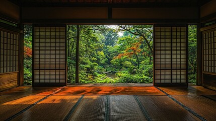 Tranquil Japanese Garden View Through Shoji Screens