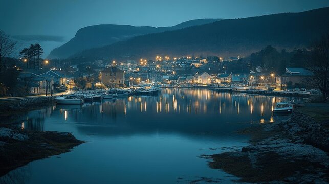 Tranquil Coastal Village at Twilight with Glowing Harbor Lights and Mountain Reflections - Powered by Adobe