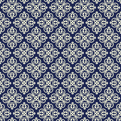 Intricate navy and cream damask seamless pattern with ornate symmetrical motifs. Perfect for wallpaper, luxury decor, textile design, and elegant backgrounds.