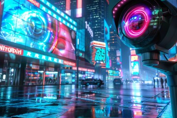 Obraz premium Neon city surveillance in rainy night