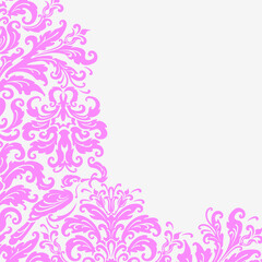 Pink ornamental floral corner design with bird detail on white background. Ideal for invitations, greeting cards, decorative borders, and elegant graphic layouts.