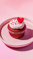 Red velvet cupcake adorned with heart sprinkles on a pastel pink plate