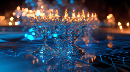 Hanukkah menorah on jewish traditional festive table. neural network ai generated art. Skysilver. Illustration