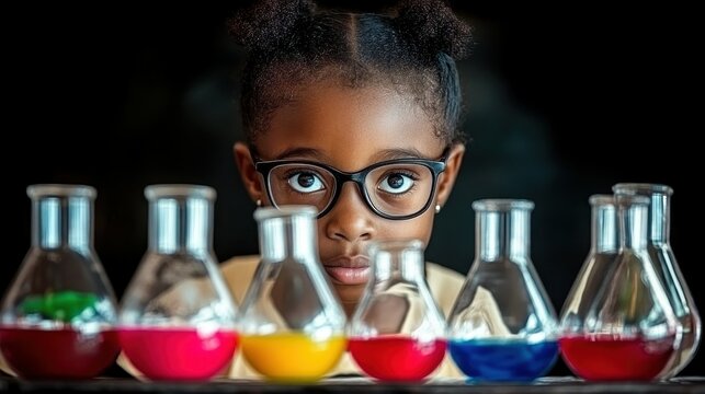 A young girl is looking at a table full of colorful glass beakers. The table is filled with various colored liquids in the beakers, and the girl is wearing glasses