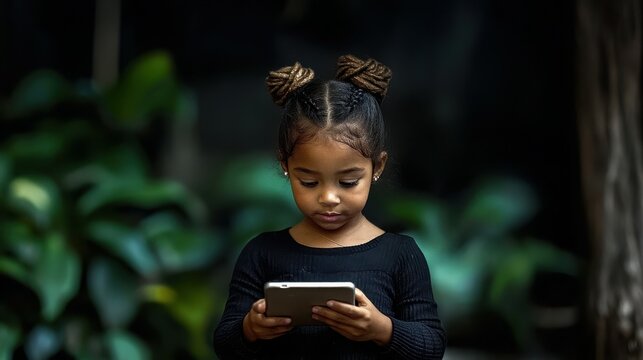 A young girl is looking at a tablet or smartphone. She is wearing a black shirt and has her hair in pigtails - Powered by Adobe