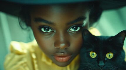 A young woman is holding a black cat in her arms. The cat has yellow eyes and is looking at the camera. The woman is wearing a yellow dress and a black hat