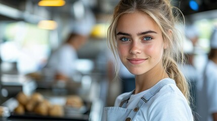Obraz premium A young woman with blonde hair and blue eyes is smiling at the camera. She is wearing a white shirt and apron