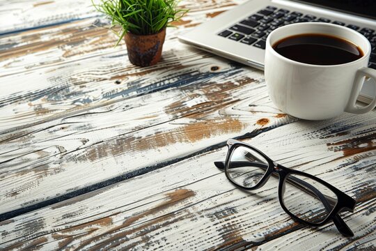 Close up of a workspace featuring a laptop, plants, and a coffee cup in a bright social environment