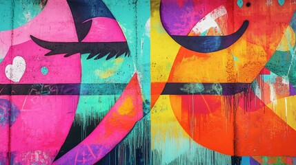 Vibrant graffiti art on a concrete wall, featuring abstract shapes, colors, and stylized elements.