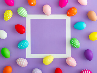 Spring pattern made of colorful Easter eggs on purple background with copy space. Minimal Easter concept. Creative festive holiday layout. Easter aesthetic. Flat lay, top of view.