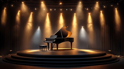 A luxury stage with a grand piano on a raised platform surrounded by soft lighting 
