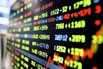 Fototapeta premium Close-Up of Stock Market Ticker Display Showing Fluctuating Prices and Volumes in Real Time for Financial Analysis and Investment Tracking