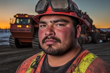 Fototapeta premium Close-Up Portrait of a Male Construction Worker with Hard Hat and Goggles, Showing Determination and Strength Against a Sunset Background at a Mining Site