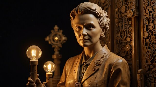 A serene wooden carving of Marie Curie, depicted with her Nobel Prize medals and scientific equipment, surrounded by glowing radioactive symbols and atomic structures.