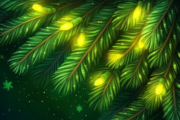 Naklejka premium Close-Up View of Evergreen Pine Branches Adorned with Warm Yellow Holiday Lights Against a Dark Background with Gentle Snowflakes