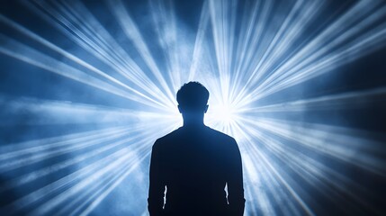 Silhouette Man Stands Before Bright Radiant Light