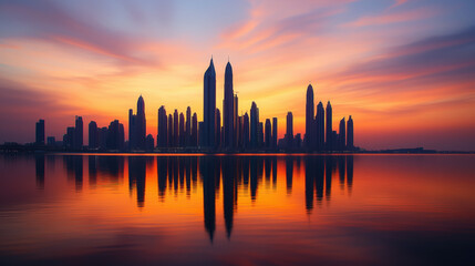 Obraz premium Sunset Silhouettes of Majestic Steel and Glass Skyscrapers Reflecting Vibrant Orange and Pink Hues, Showcasing the Interplay of Human Achievement and Nature’s Beauty