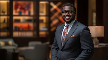 Fototapeta premium Confident African American Businessman Standing in Modern Office Environment with Stylish Suit and Inspiring Background Elements