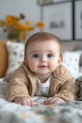 Cozy caucasian baby lying on bed with knitted blanket and flowers in background