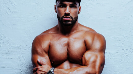 Naklejka premium Young strong man bodybuilder portrait on white wall background