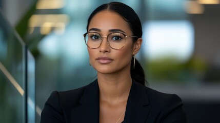 Fototapeta premium Confident Businesswoman in Professional Attire Posing for a Corporate Portrait with Glasses in Modern Office Environment
