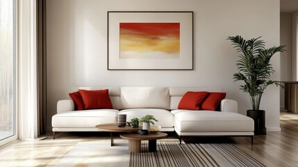 Modern living room, minimalist interior design, white couch, colorful throw pillows, vibrant red and orange abstract artwork, framed wall art, round coffee table, potted plant, neutral walls, natural 