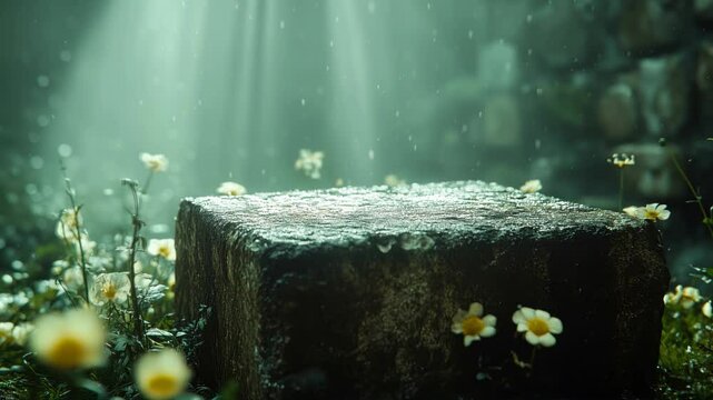 A stone pedestal in the forest, flowers around it, rim light falling from above, ray tracing