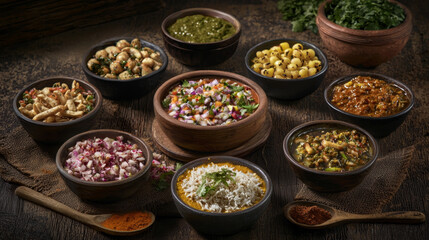 Fototapeta premium Assortment of vibrant Indian dishes in rustic bowls, spices, and wooden spoons.