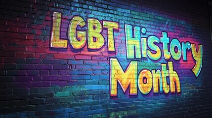 Brick Wall with Vibrant Rainbow Gradient and 'LGBT History Month' Graffiti