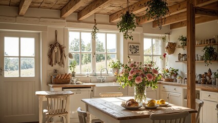 Cozy farmhouse kitchen with sunlit wooden beams fresh flowers hanging herbs and the aroma of baking bread