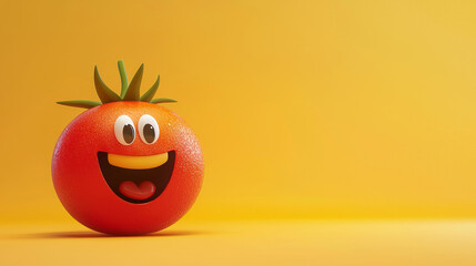 Happy tomato emoticon on yellow background.