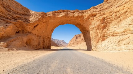 Wilderness and desert pristine, A scenic desert road passes through a natural stone arch, surrounded by rugged mountains and clear blue skies.