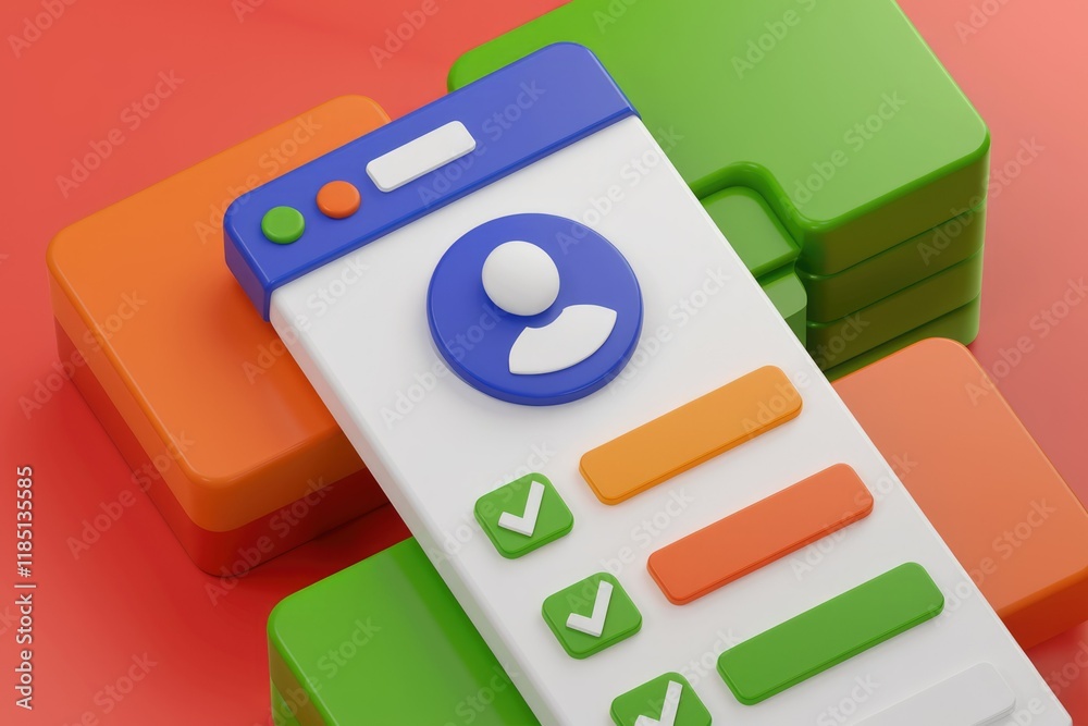 Poster 3D render of a mobile app interface showing user profile and checklist for onboarding or settings.