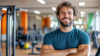 Professional fitness coach smiling confidently in a modern gym setting