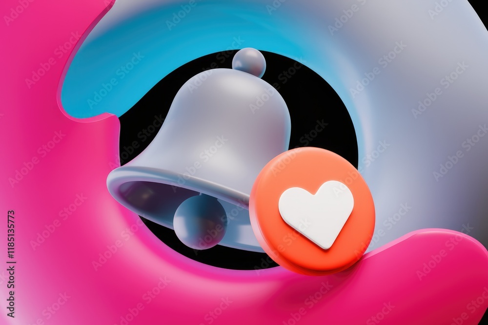 Poster 3d render of a notification bell with a heart, symbolizing a love notification.