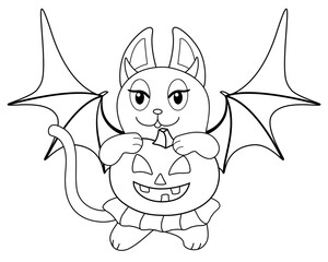 Cat girl in a bat costume and a skirt with a pumpkin in her paws - vector linear picture for coloring. Halloween picture of a cat with Jack's lantern and bat wings - an element for coloring. Outline.	