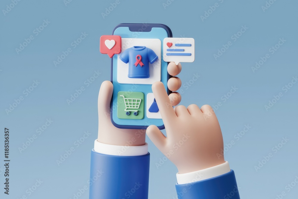 Poster person using mobile app to shop for a blue t-shirt with a ribbon, showing e-commerce features.