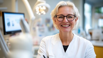 Satisfied senior woman enjoys her dental visit, smiling confidently in office