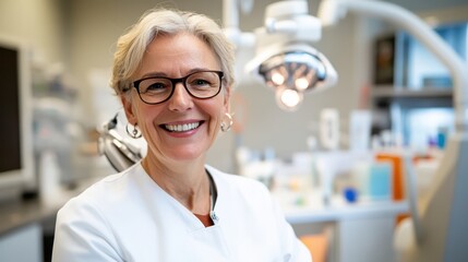 Fototapeta premium Senior woman expresses joy at dentist's office with a bright smile