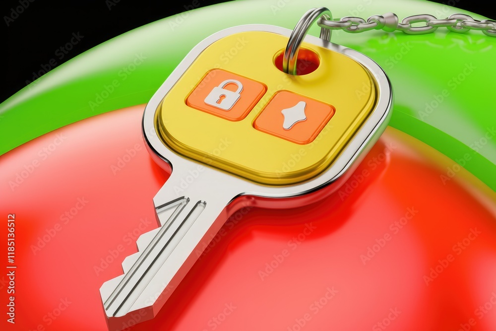 Poster A metallic key with a yellow head displaying lock and star icons, symbolizing digital security and access.