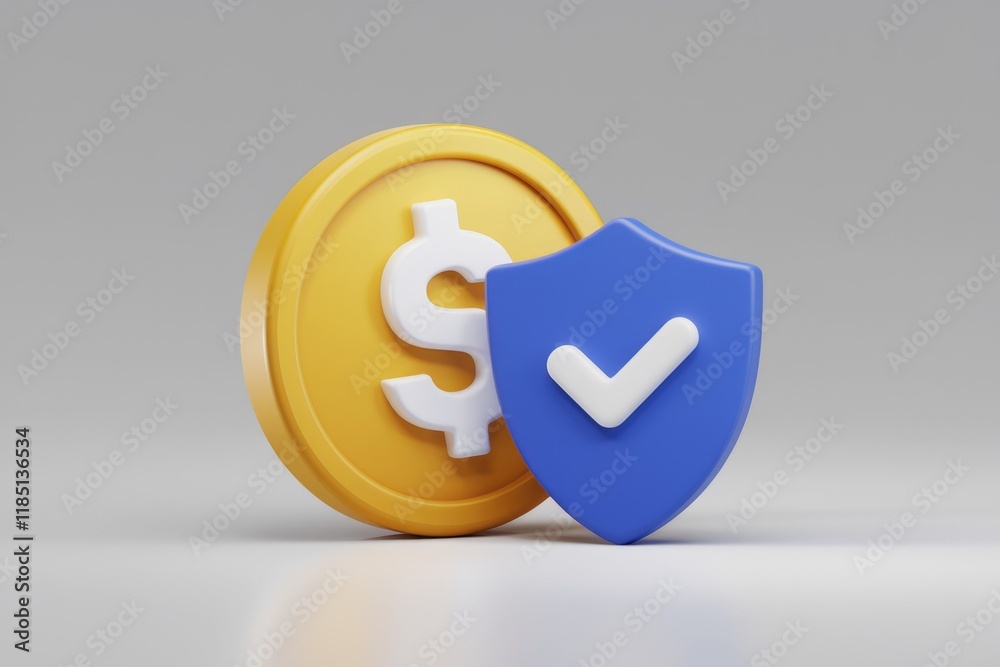 Poster 3D render of a gold coin with a dollar sign and a blue shield with a checkmark, symbolizing financial security.