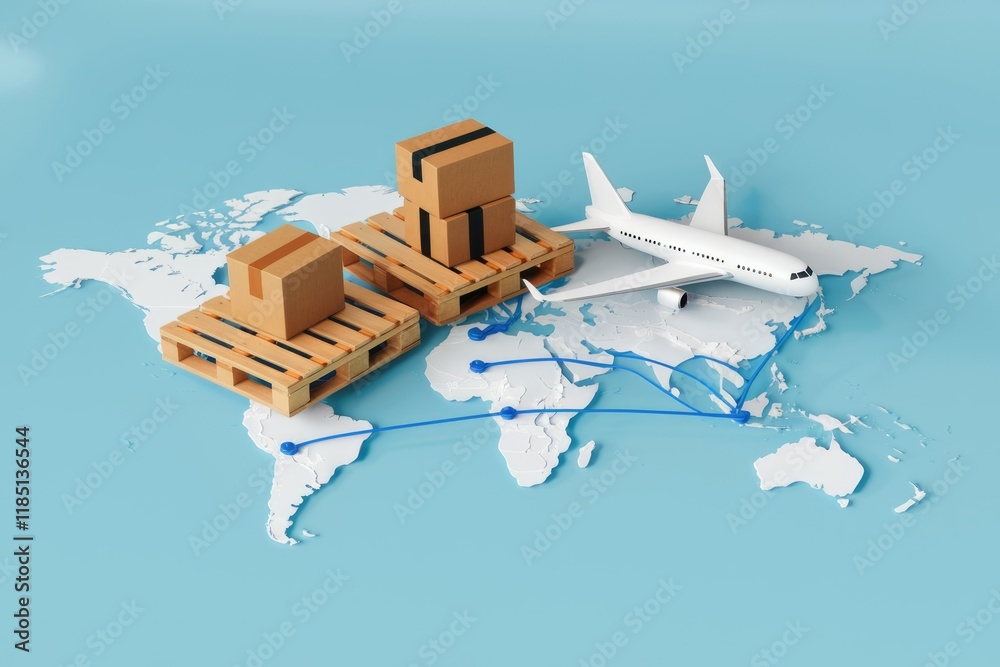 Poster global air freight shipping concept; cardboard boxes on pallets and airplane on world map.