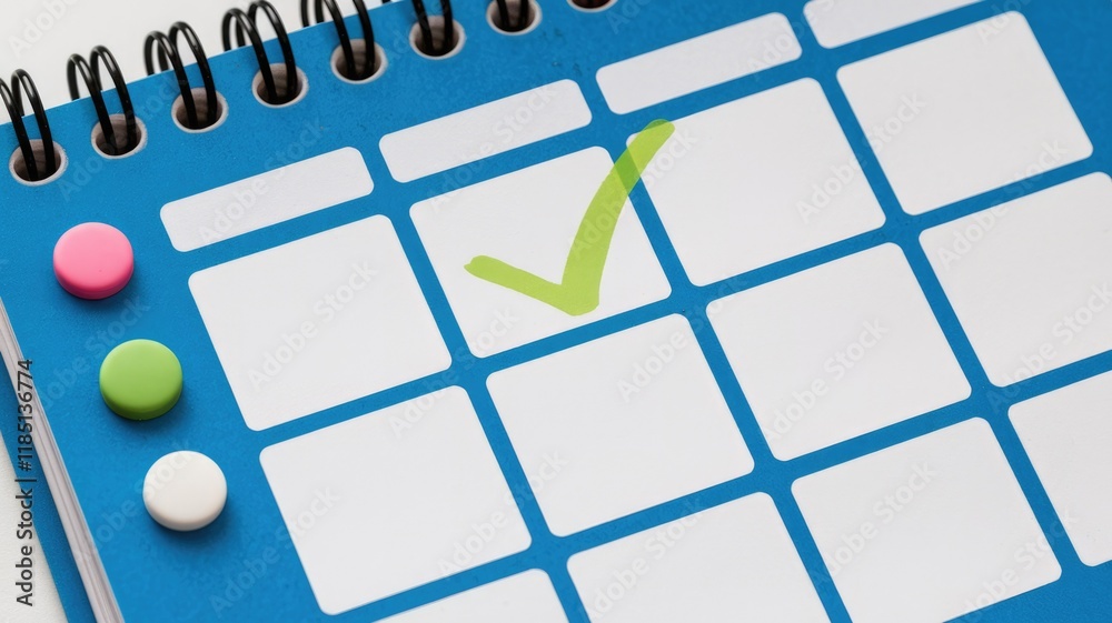Poster a blue spiral calendar with a checkmark indicating a completed task, accompanied by colorful markers