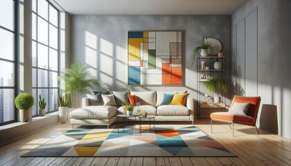 Modern living room, colorful geometric rug, abstract wall art, floor-to-ceiling windows, natural light, minimalist furniture, potted plants, cozy sofa, orange armchair, wooden coffee table, contempora