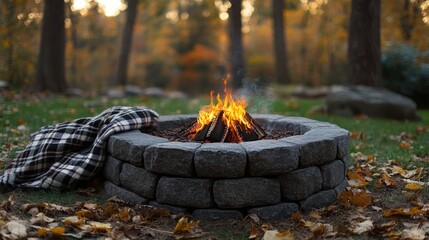 Cozy autumn bonfire in stone fire pit with plaid blanket.